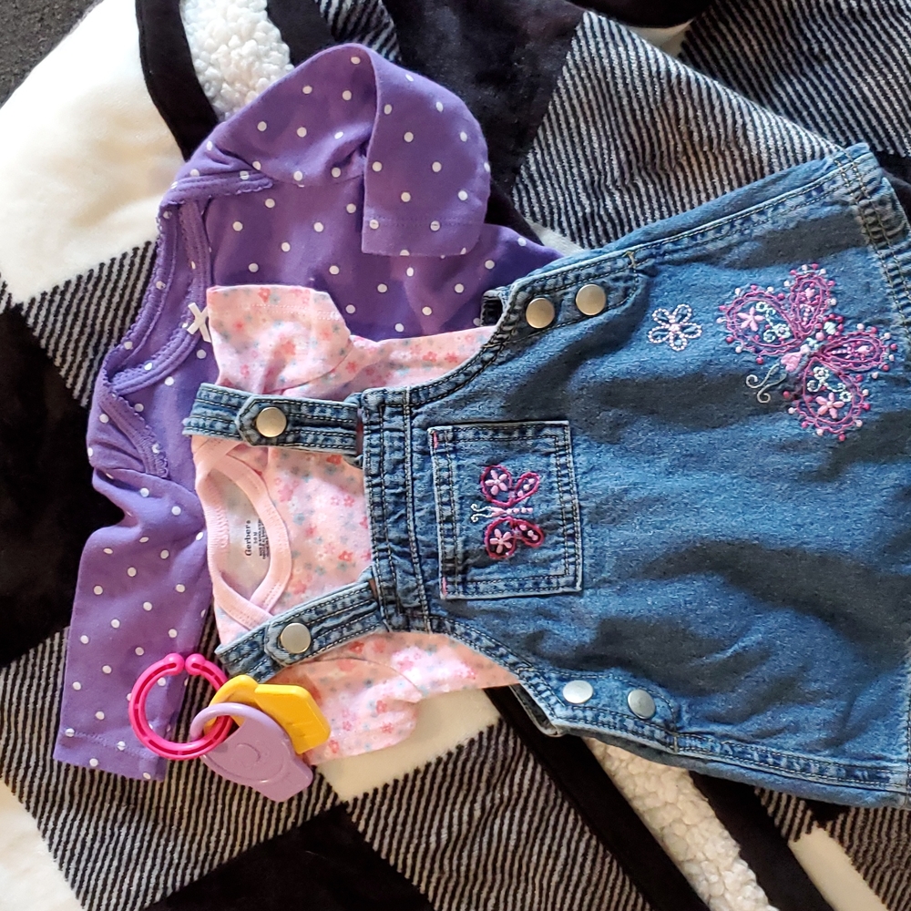 Baby Bundle 3-6m two onesies and a overall dress